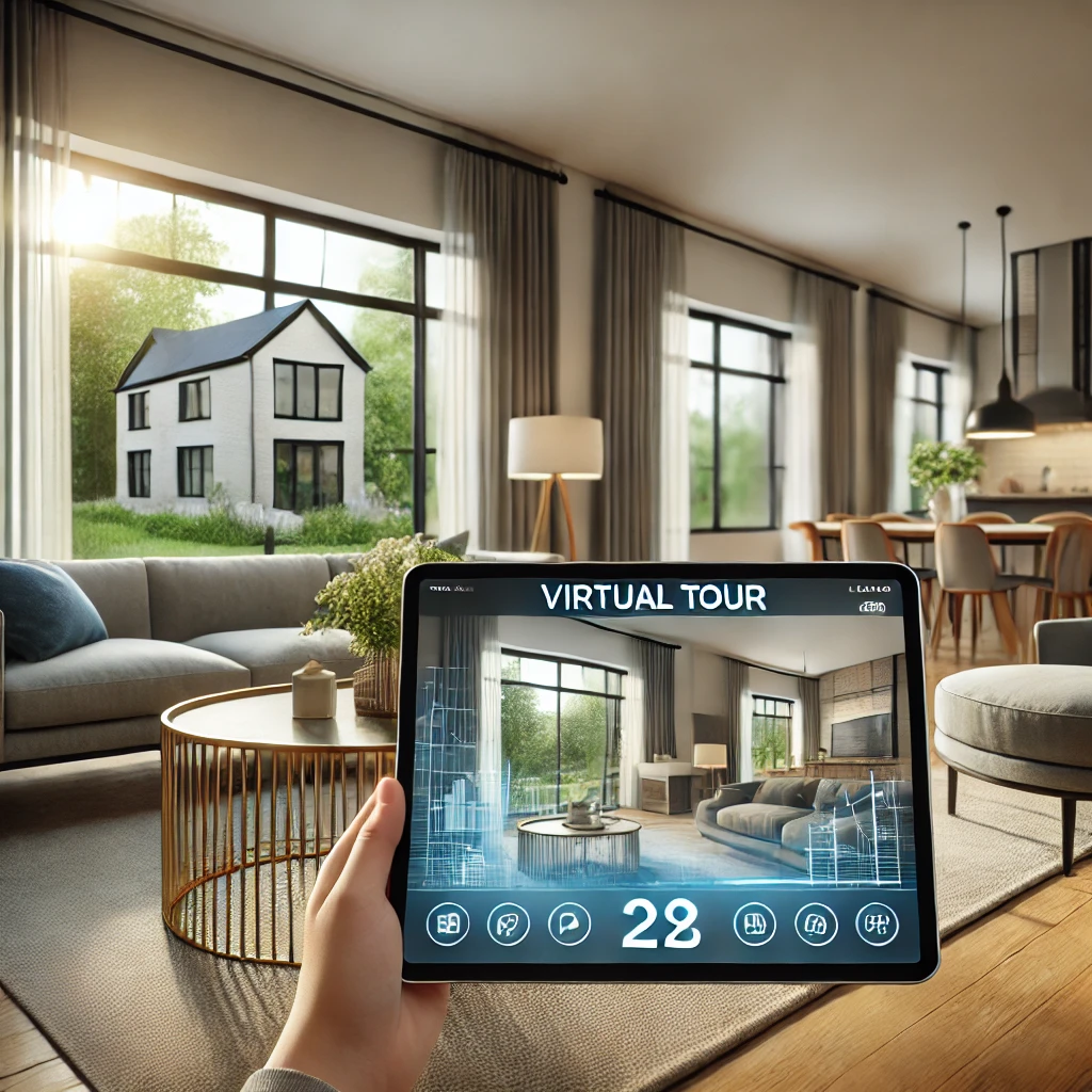 Pantalla de tablet mostrando un tour virtual de una casa moderna con grandes ventanales.